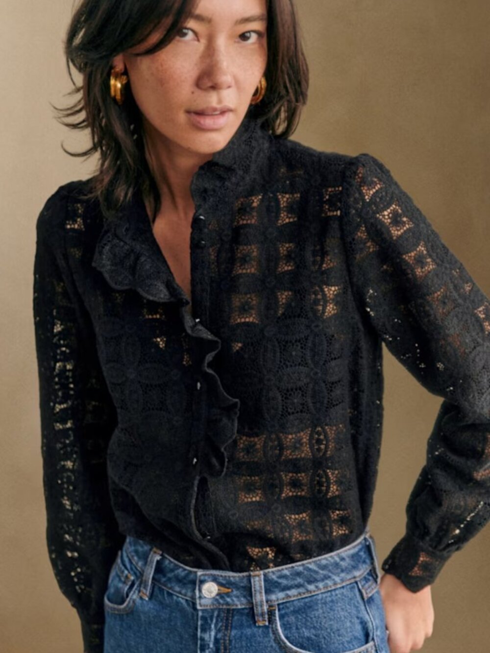 Sézane Chlo Shirt Black Guipure lace ruffle cotton eyelet FR